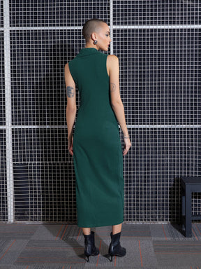 Emerald Rib Polo Neck Sleeveless Bodycon Midi Dress-SASSAFRAS