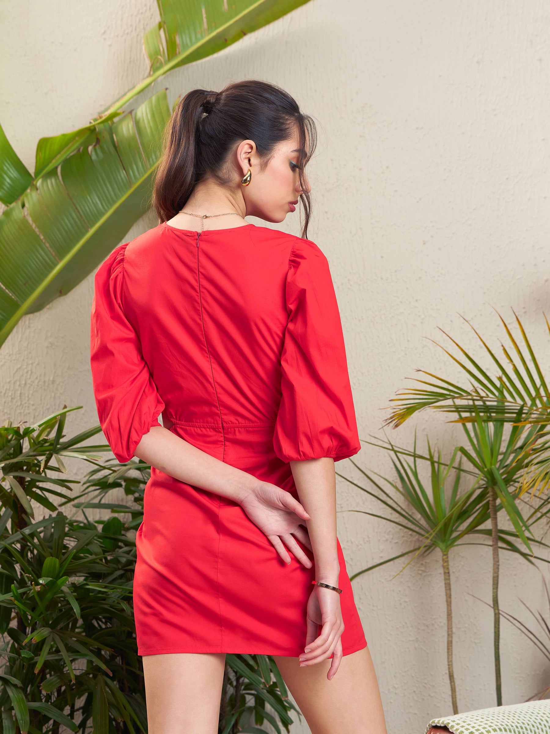 Red Poplin Side Cut-Out Short Dress-SASSAFRAS