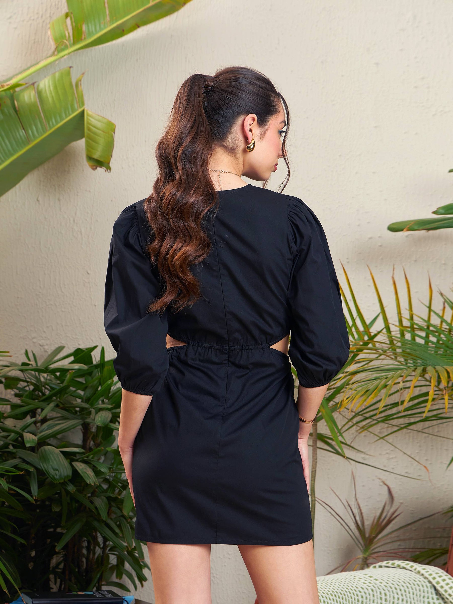 Black Poplin Side Cut-Out Short Dress-SASSAFRAS