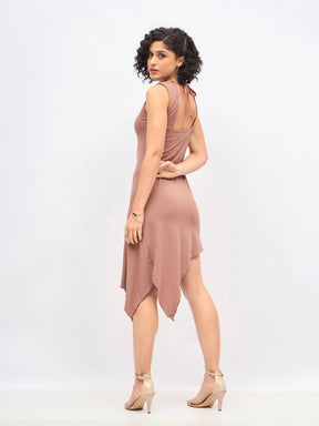 Brown Asymmetric Back Cut-Out Dress-SASSAFRAS