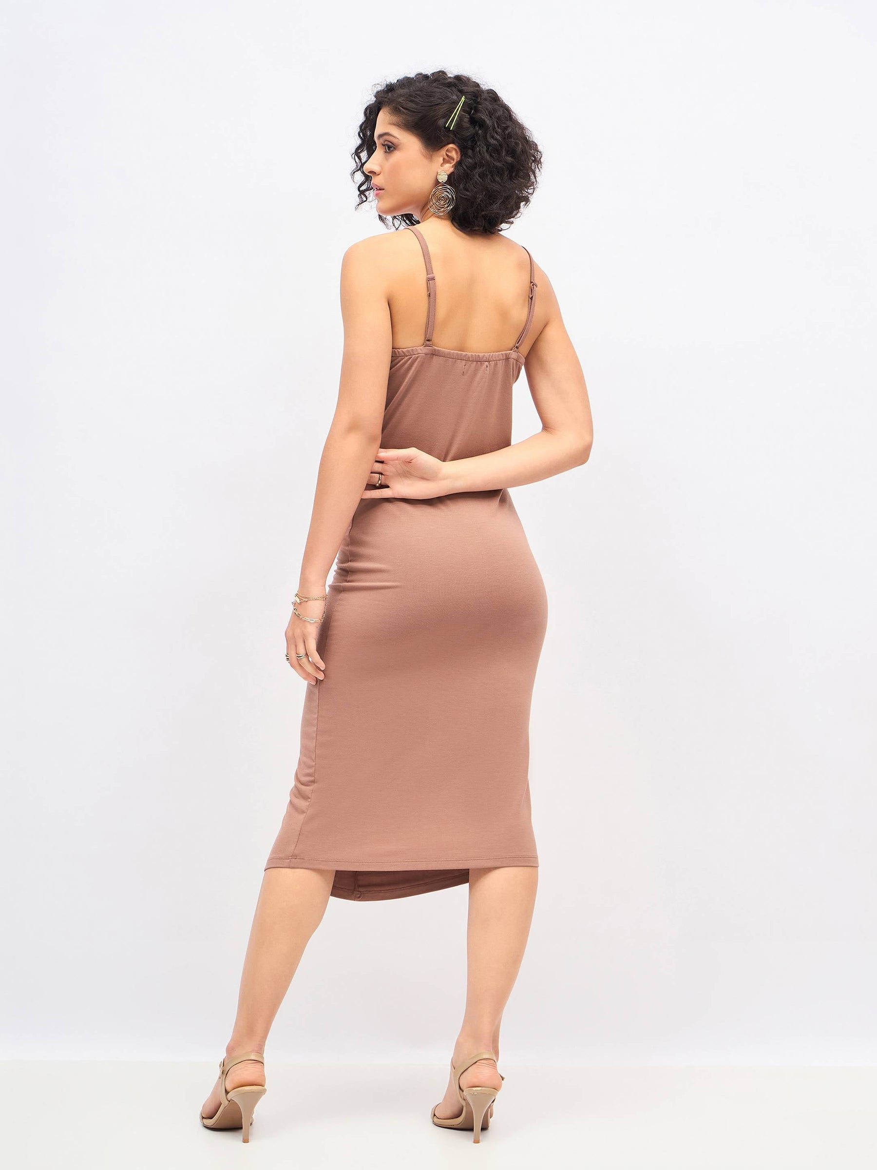 Brown Strappy Front Ruched Dress-SASSAFRAS