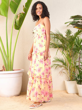 Yellow Floral Strappy Ruflle Maxi Dress-SASSAFRAS