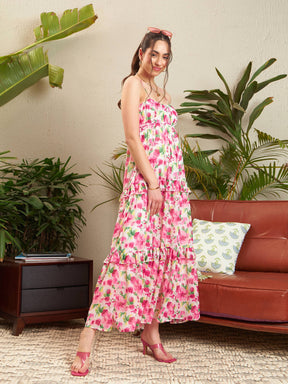 Pink Floral Strappy Ruflle Maxi Dress-SASSAFRAS