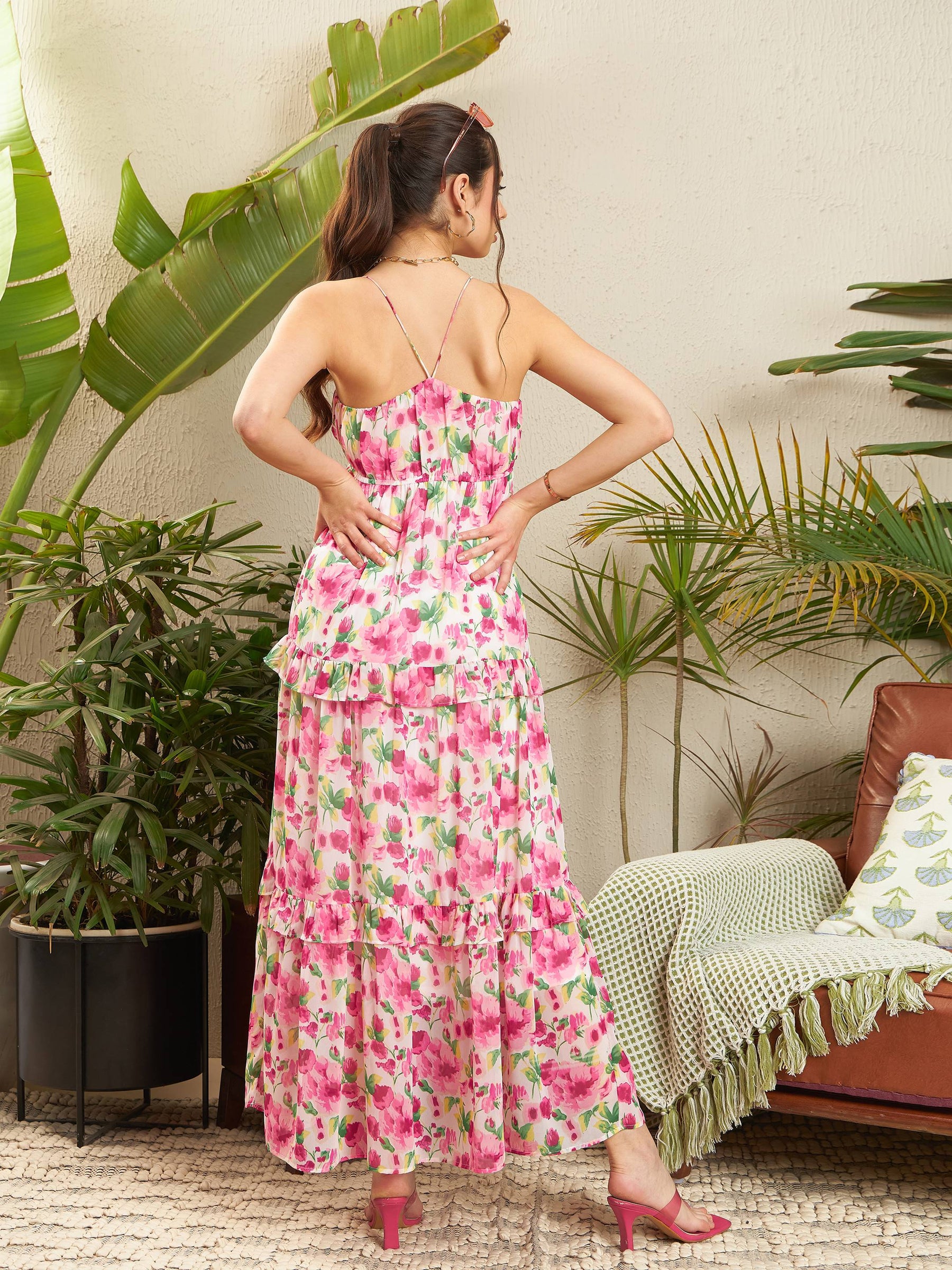 Pink Floral Strappy Ruflle Maxi Dress-SASSAFRAS