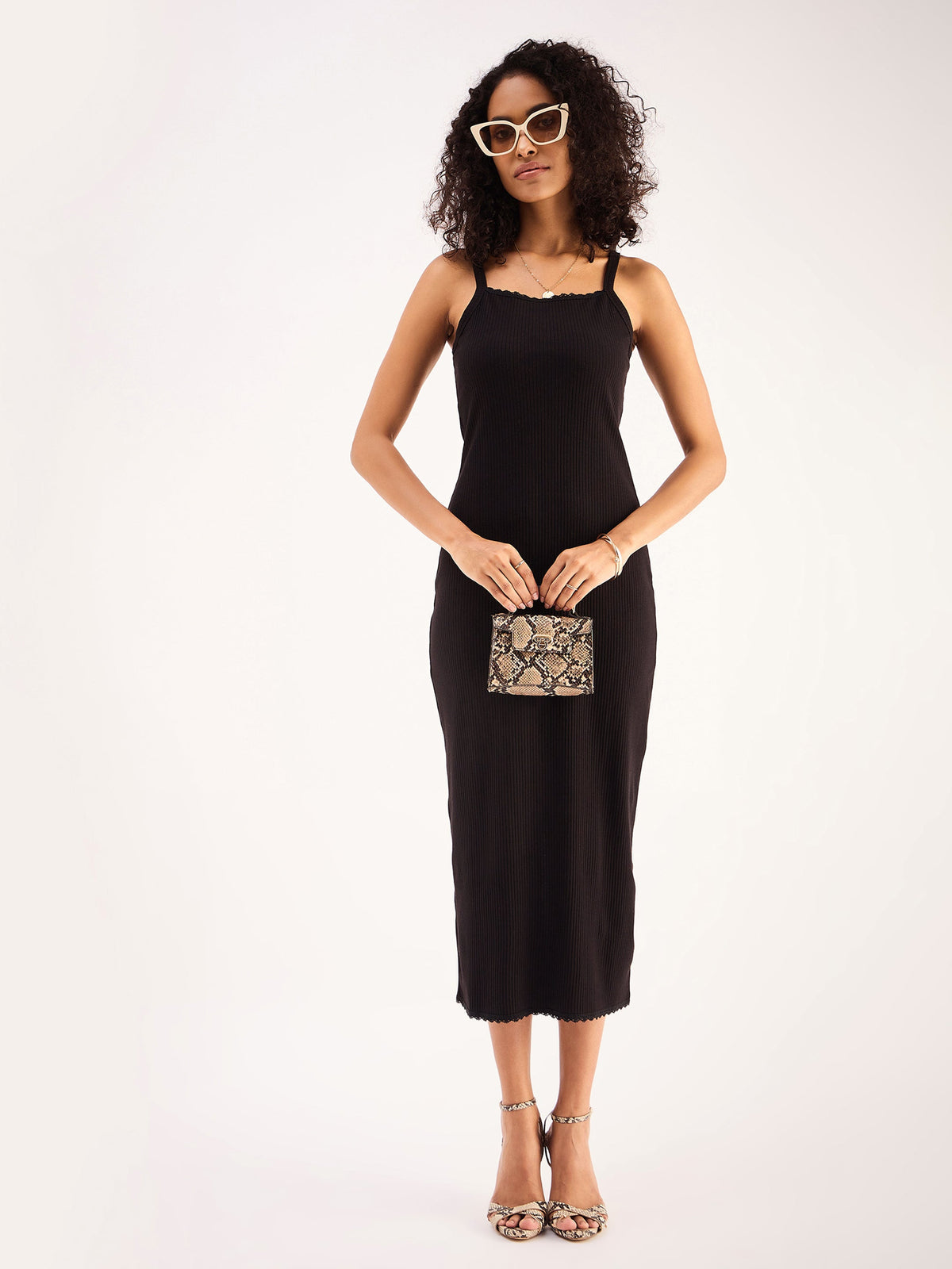 Black Lace Detail Rib Strappy Midi Dress-SASSAFRAS BASICS