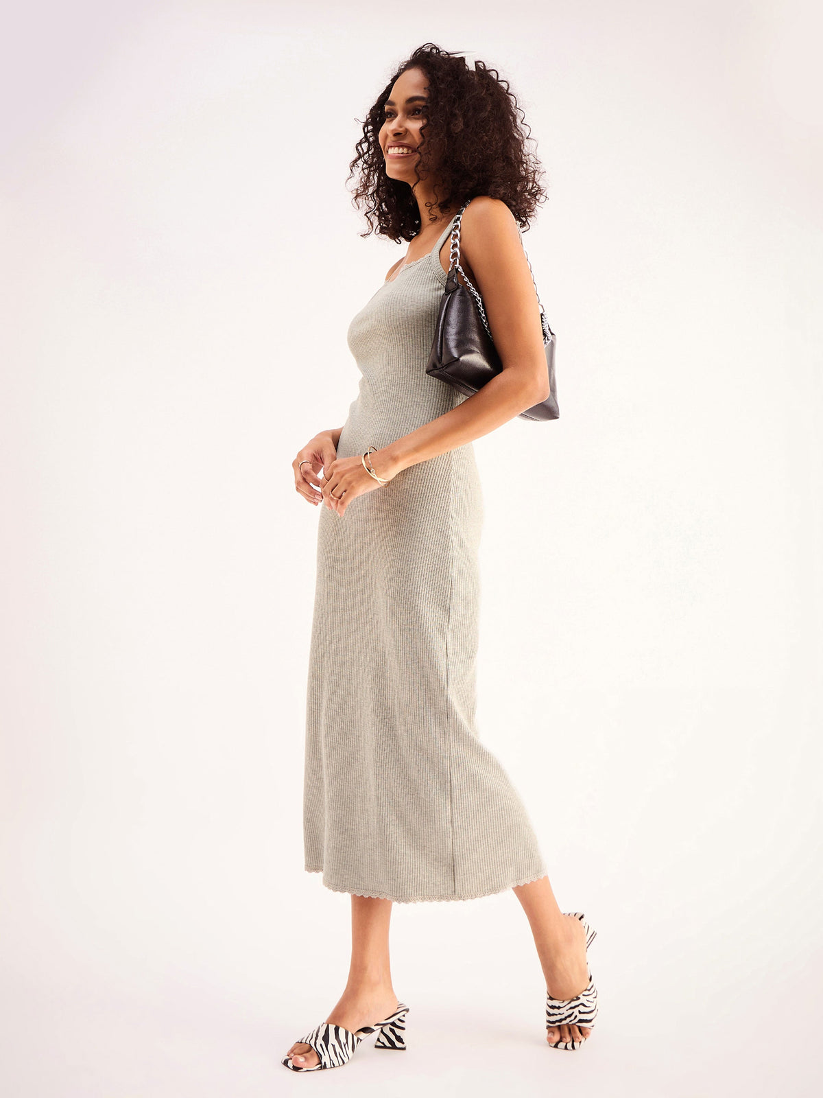Grey Lace Detail Rib Strappy Midi Dress-SASSAFRAS BASICS