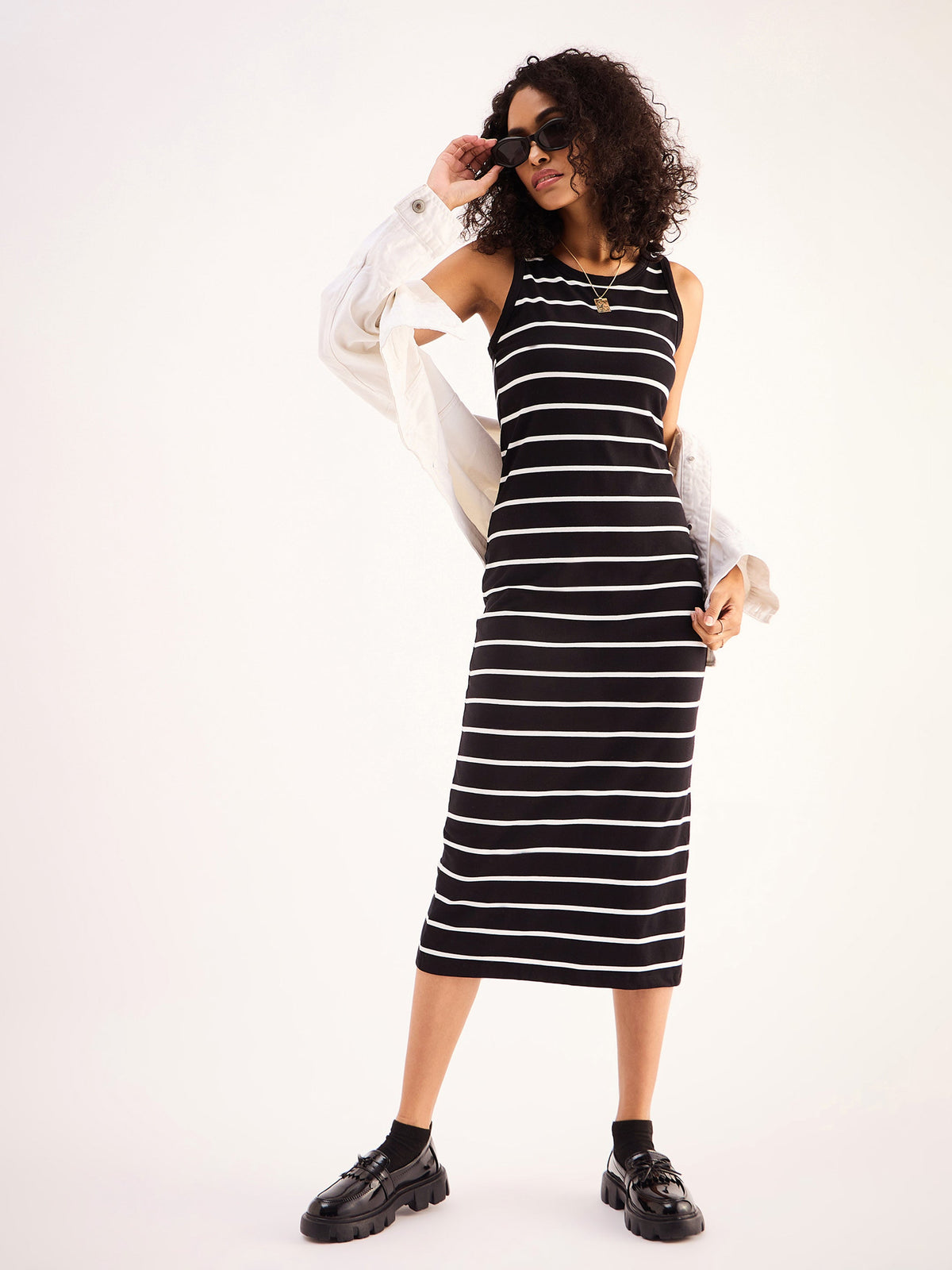 Black White Stripe Midi Dress-SASSAFRAS BASICS