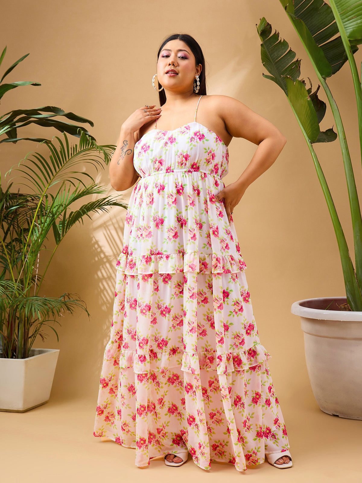 White & Pink Floral Strappy Maxi Dress-SASSAFRAS Curve