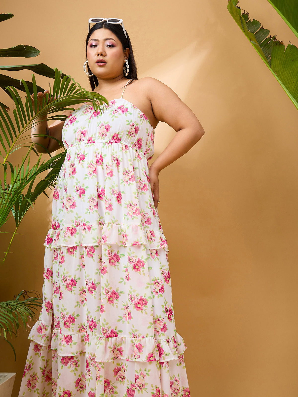 White & Pink Floral Strappy Maxi Dress-SASSAFRAS Curve