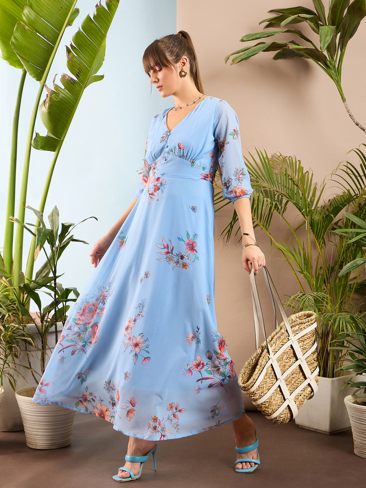 Pale Blue Floral Flared Maxi Dress