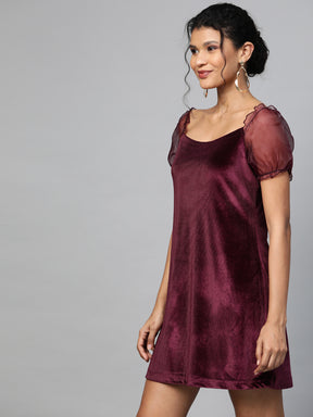 Burgundy Velvet Puff Sleeve Short Dress