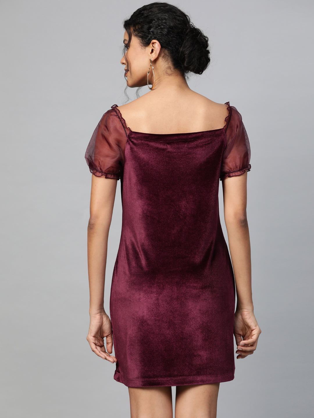 Burgundy Velvet Puff Sleeve Short Dress