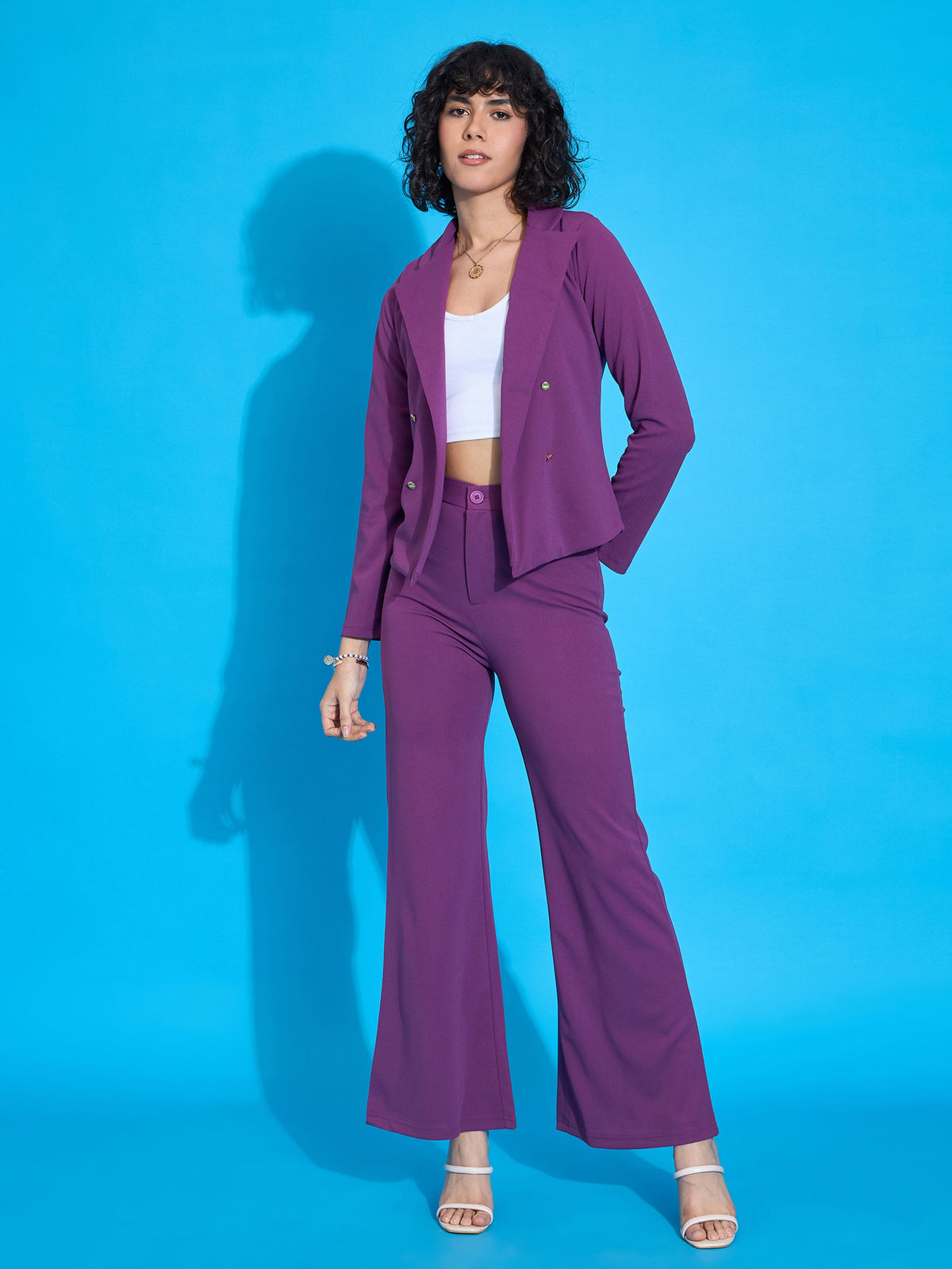 Purple Single-Breasted Blazer With Bell Bottom Pants-SASSAFRAS worklyf