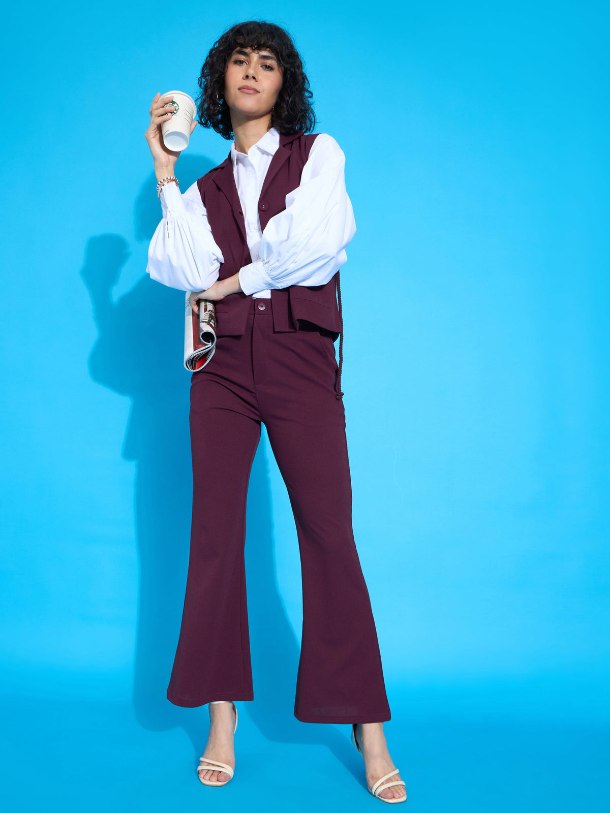 Burgundy Sleeveless Tie-Up Blazer With Bell Bottom Pants-SASSAFRAS worklyf