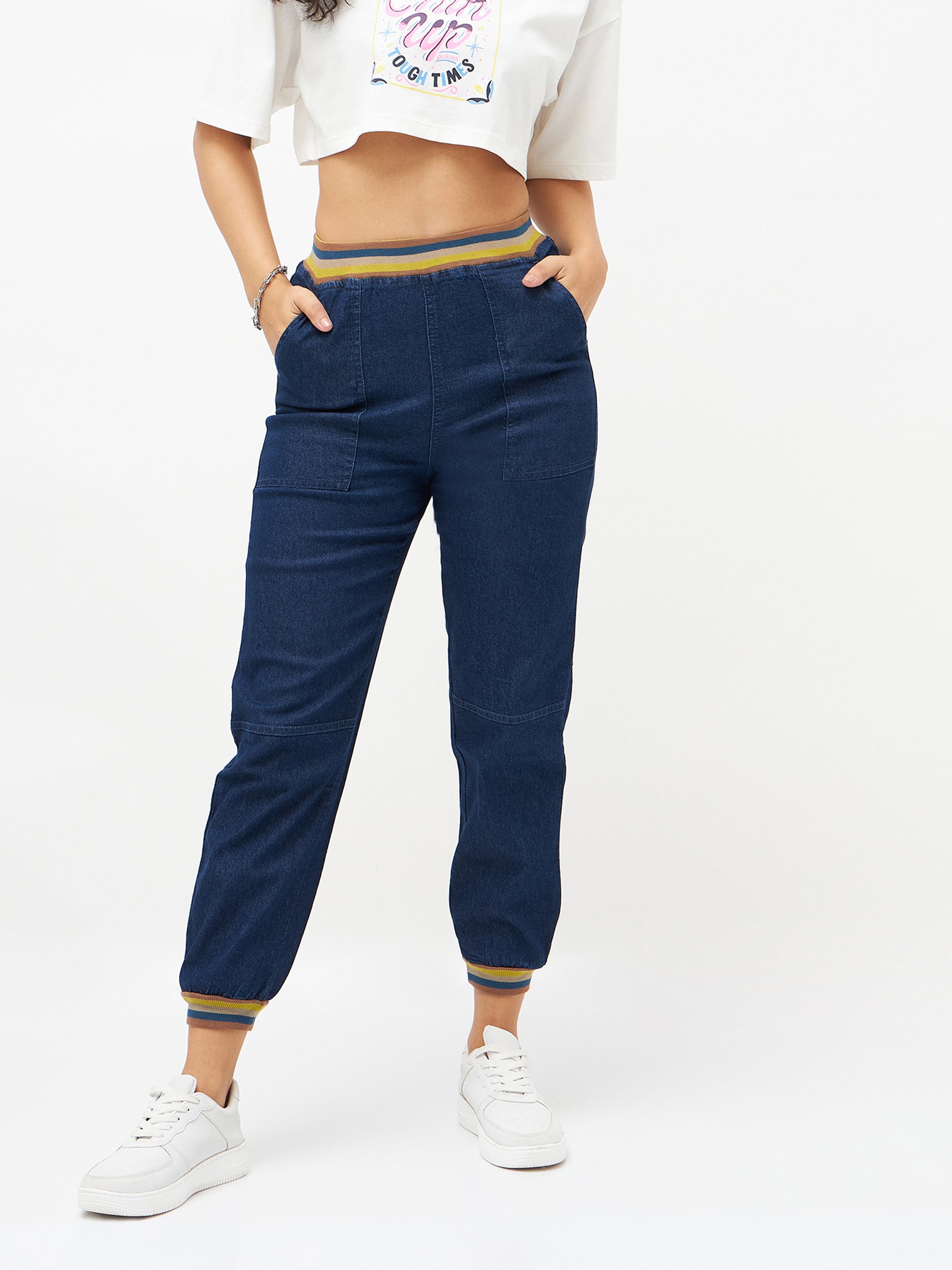 Women Navy Denim Striped Rib Jogger Jeans