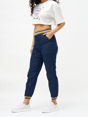 Women Navy Denim Striped Rib Jogger Jeans