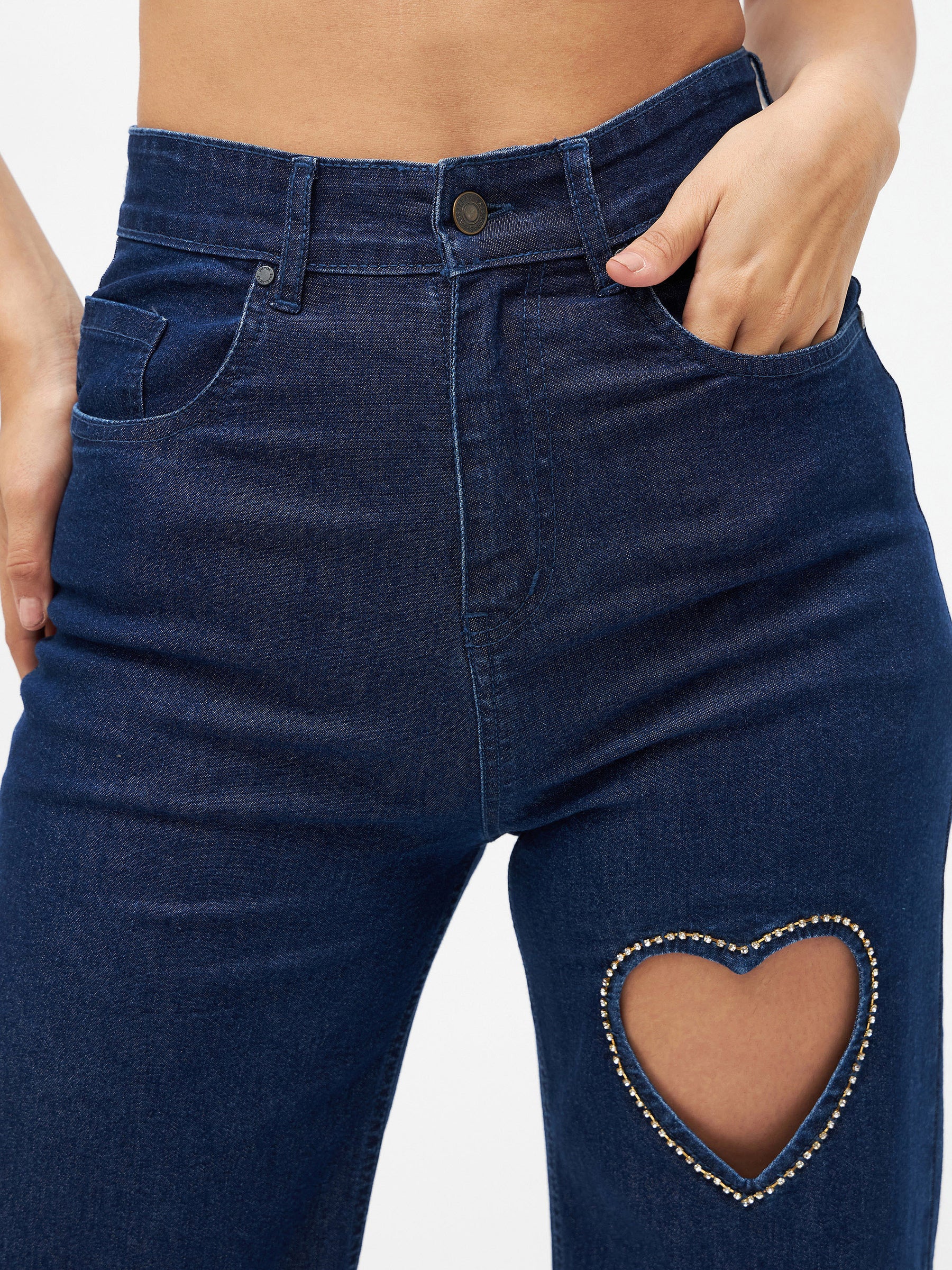Women Blue Crystal Heart Staright Fit Jeans