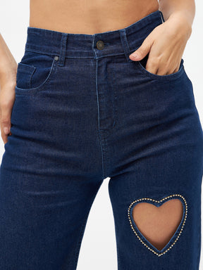 Women Blue Crystal Heart Staright Fit Jeans