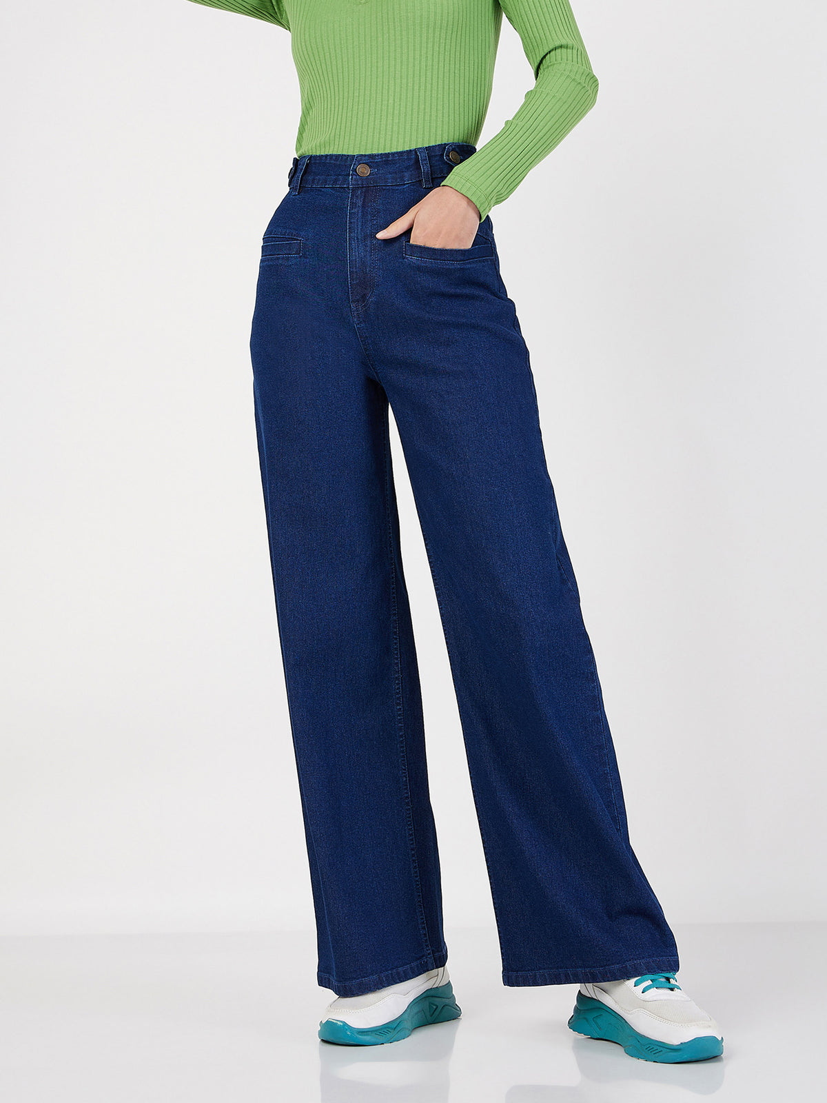 Women Blue Bone Pocket Straight Jeans