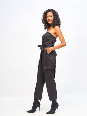 Black Twill Off-Shoulder Belted Jumpsuit -SASSAFRAS