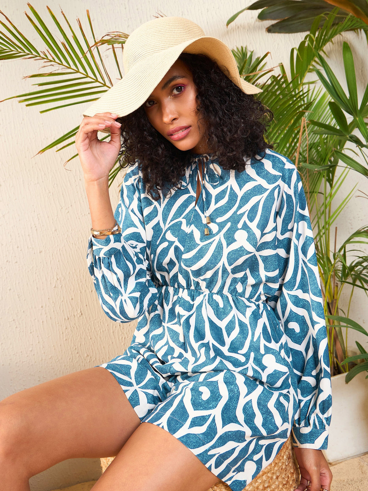 Teal Abstract Print Front Keyhole Romper-SASSAFRAS