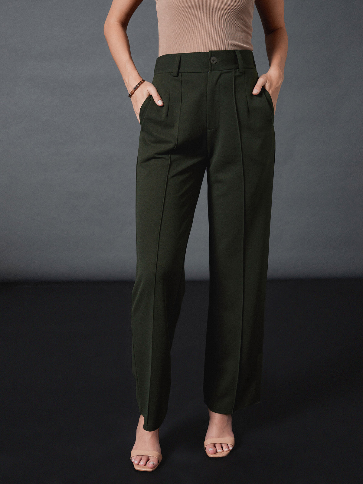 Women Olive Front Darted Strechable Pants