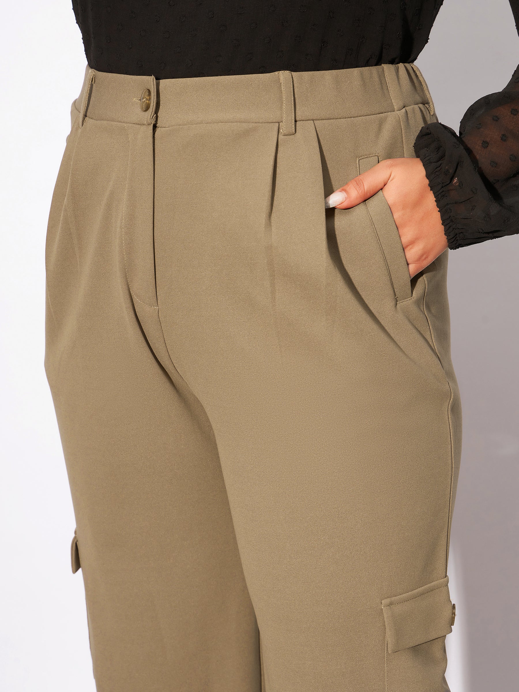Women Beige Multi Pockets Cargo Pants