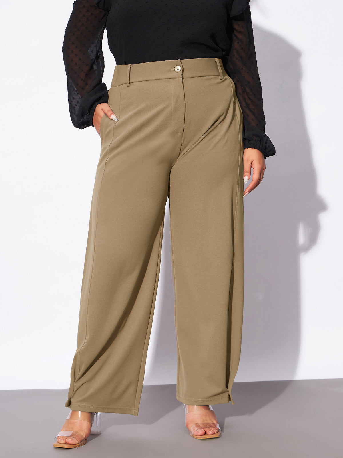 Women Beige Hem Button Detail Straight Pants