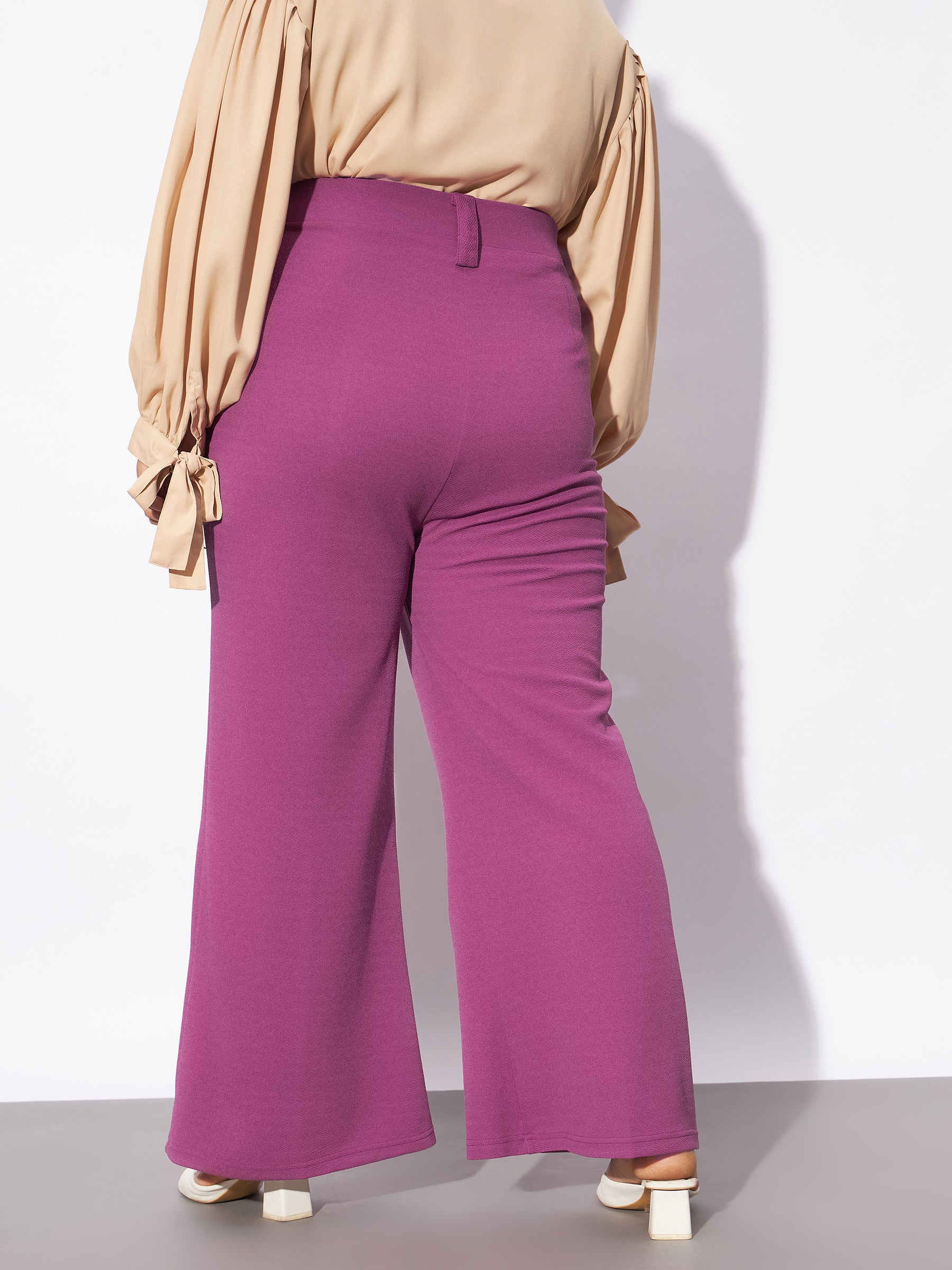 Women Pink Front Loop Detail Bell Bottom Pants