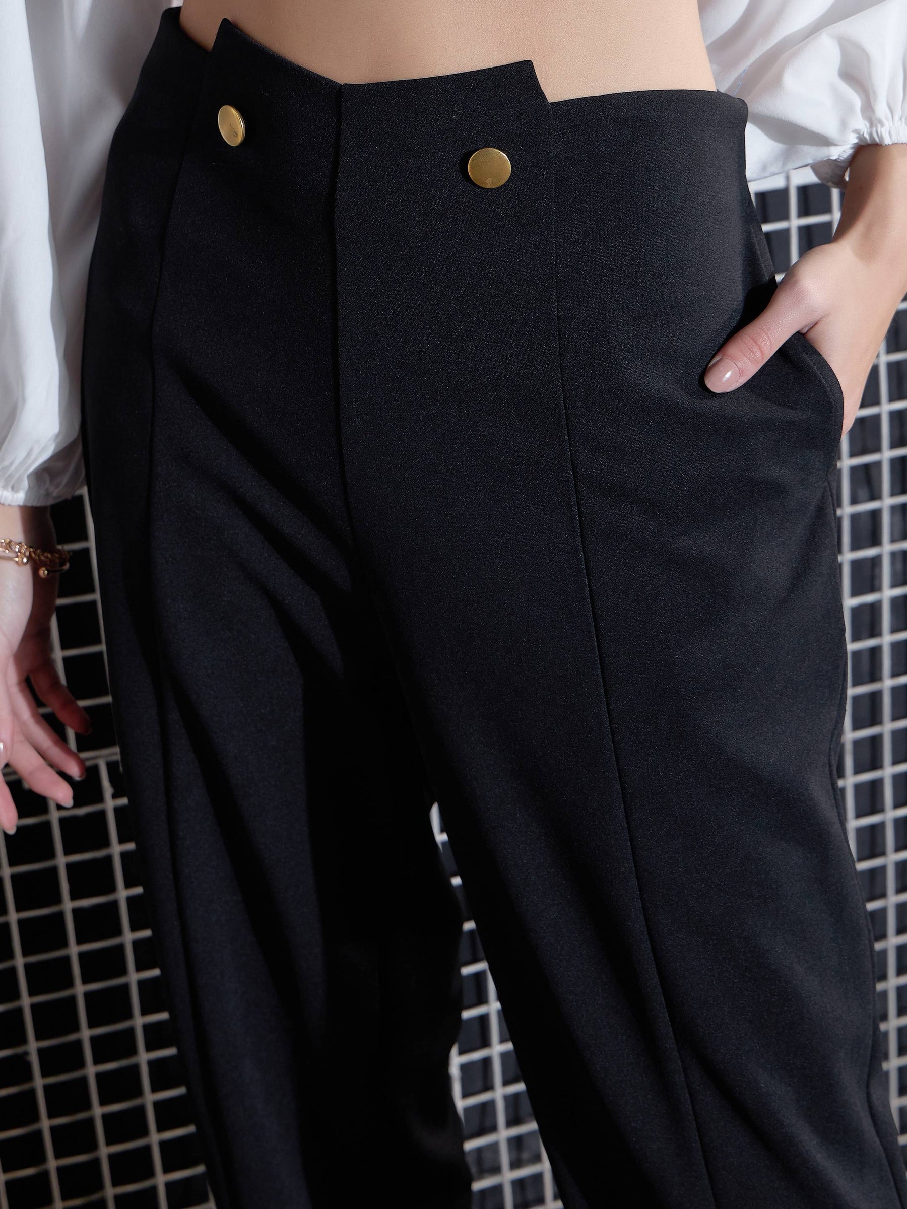 Black Waist Button Pants-SASSAFRAS