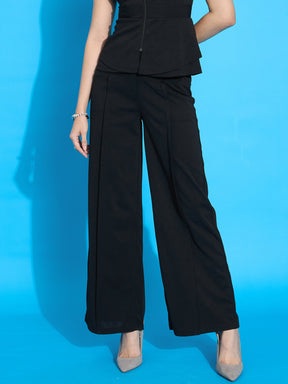 Black Front Pleated Straight Fit Trousers-SASSAFRAS worklyf