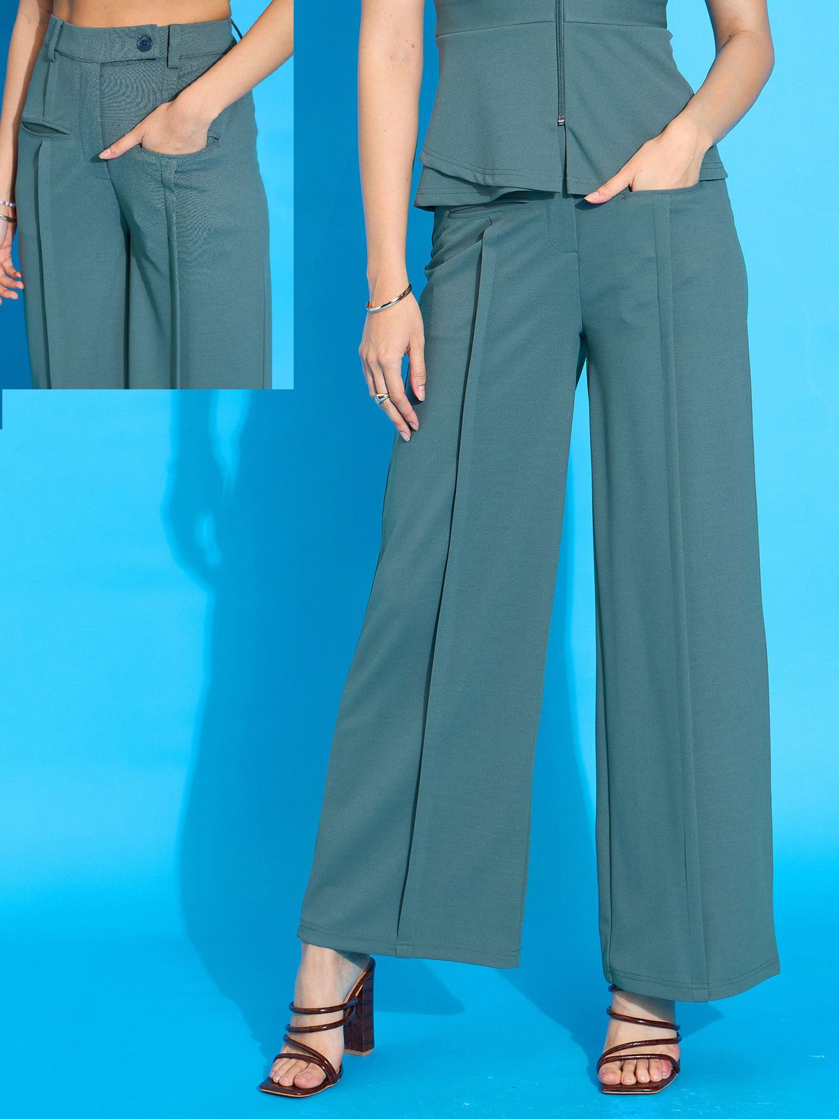 Green Front Pleated Straight Fit Trousers-SASSAFRAS worklyf