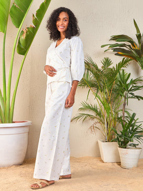 White Ditsy Floral Wrap Top With Palazzo Pants-SASSAFRAS