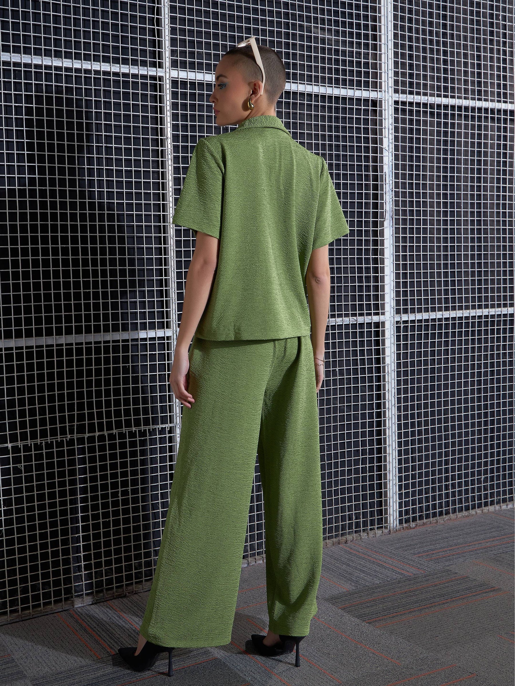 Green Knit Notch Collar Shirt With Darted Pants-SASSAFRAS