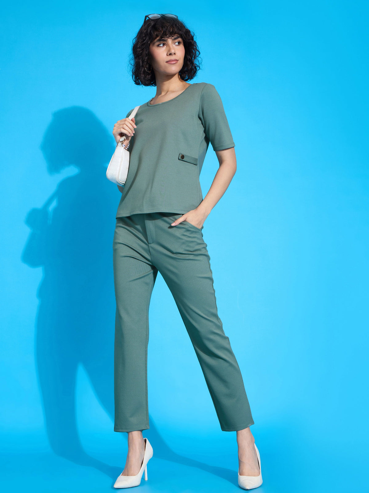 Green Half Sleeves Top With Tapered Pants-SASSAFRAS worklyf