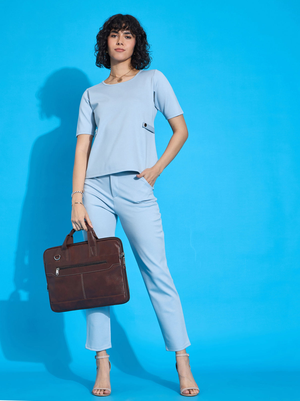 Blue Half Sleeves Top With Tapered Pants-SASSAFRAS worklyf