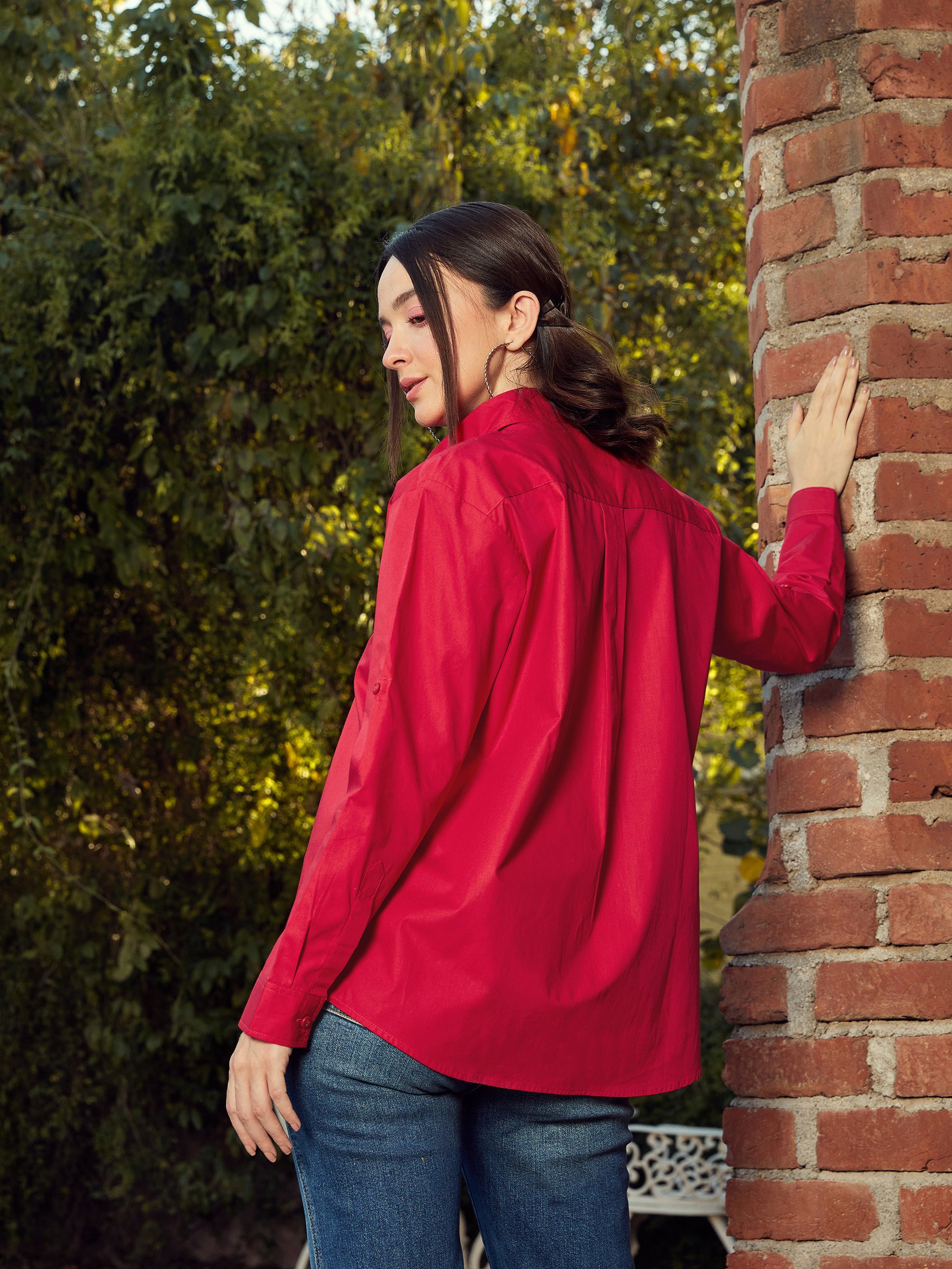 Women Red Poplin Oversized Shirt