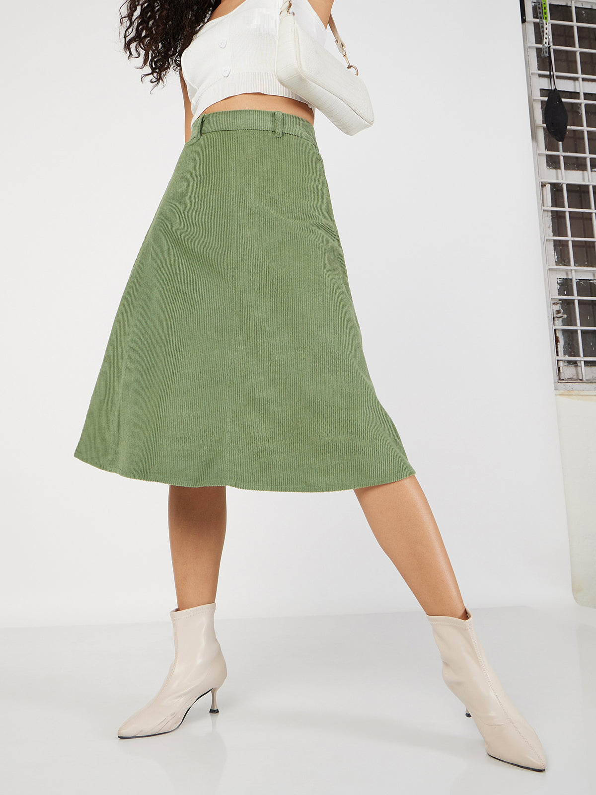 Women Olive Corduroy A-Line Midi Skirt