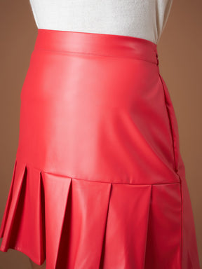 Women Red PU Pleated Mini Skirt