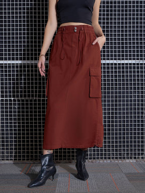 Rust Poplin Box Pocket Detail Midi Skirt-SASSAFRAS