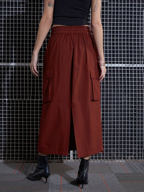 Rust Poplin Box Pocket Detail Midi Skirt-SASSAFRAS