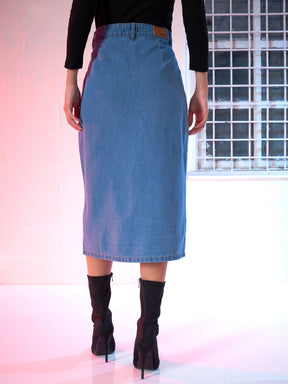 Women Blue Denim Front Slit Skirt