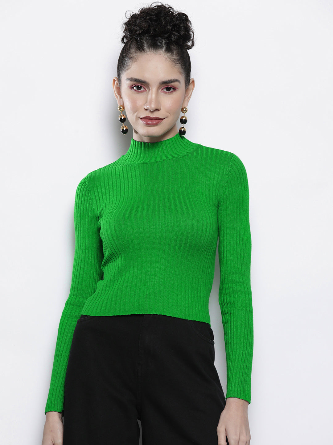 Women Green Rib High Neck Full Sleeves Sweater