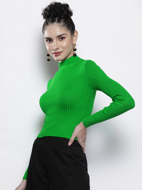 Women Green Rib High Neck Full Sleeves Sweater