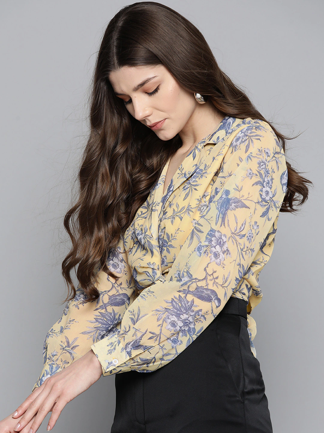 Yellow Floral Tie Knot Crop Shirt Top