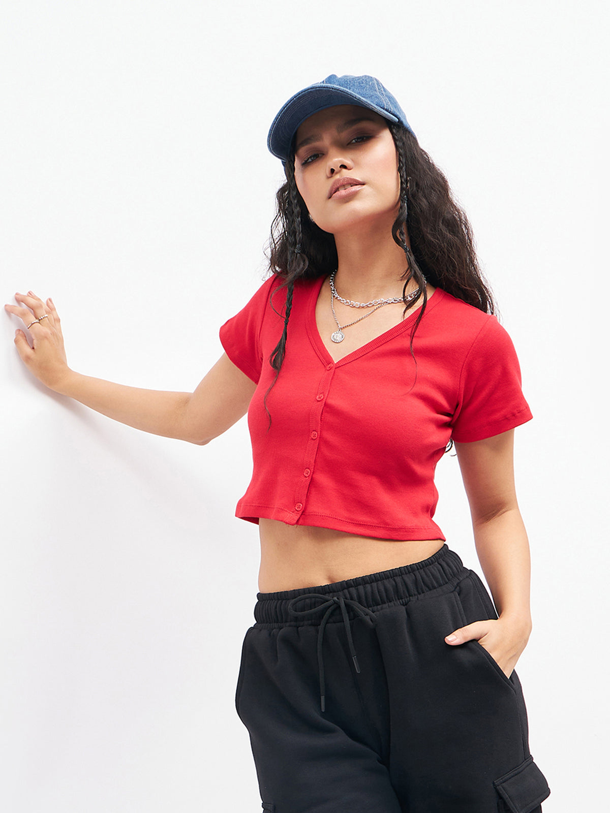 Red Front Button Crop Top