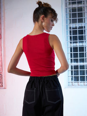 Red Front Button Sleeveless Crop Top