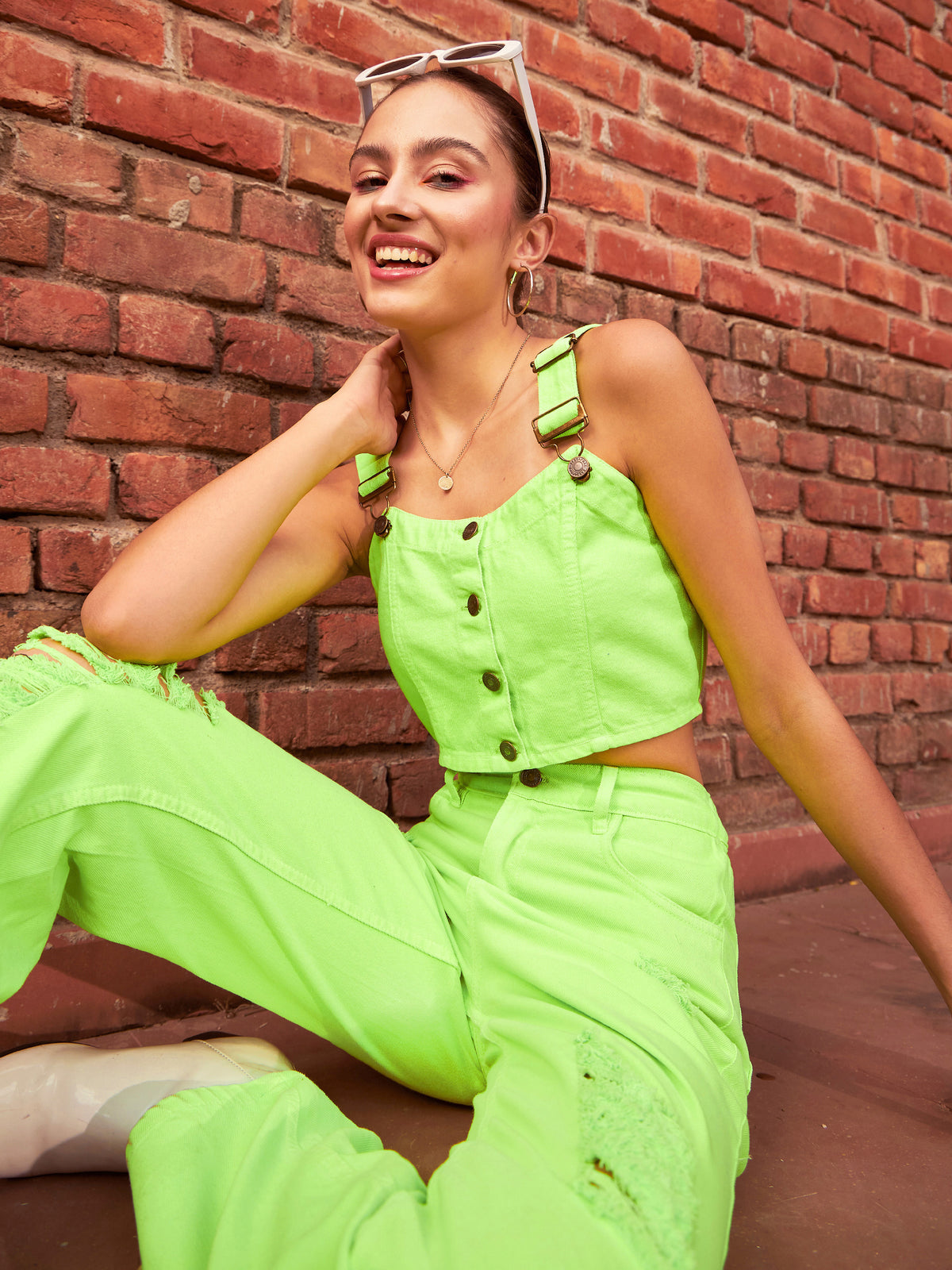 Women Neon Green Denim Cropped Bustier Top