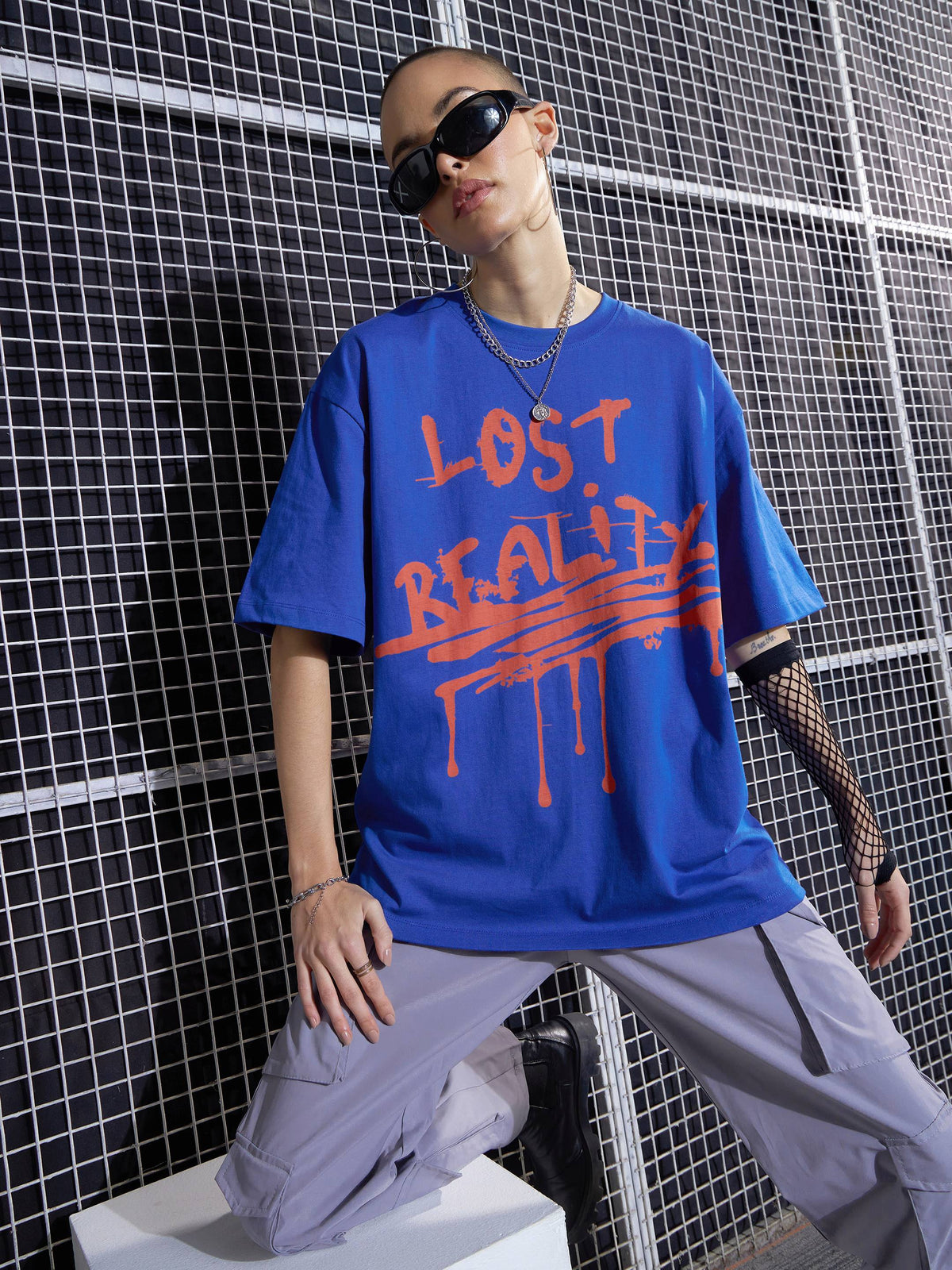Royal Blue LOST REALITY Printed Oversized T-Shirt-SASSAFRAS