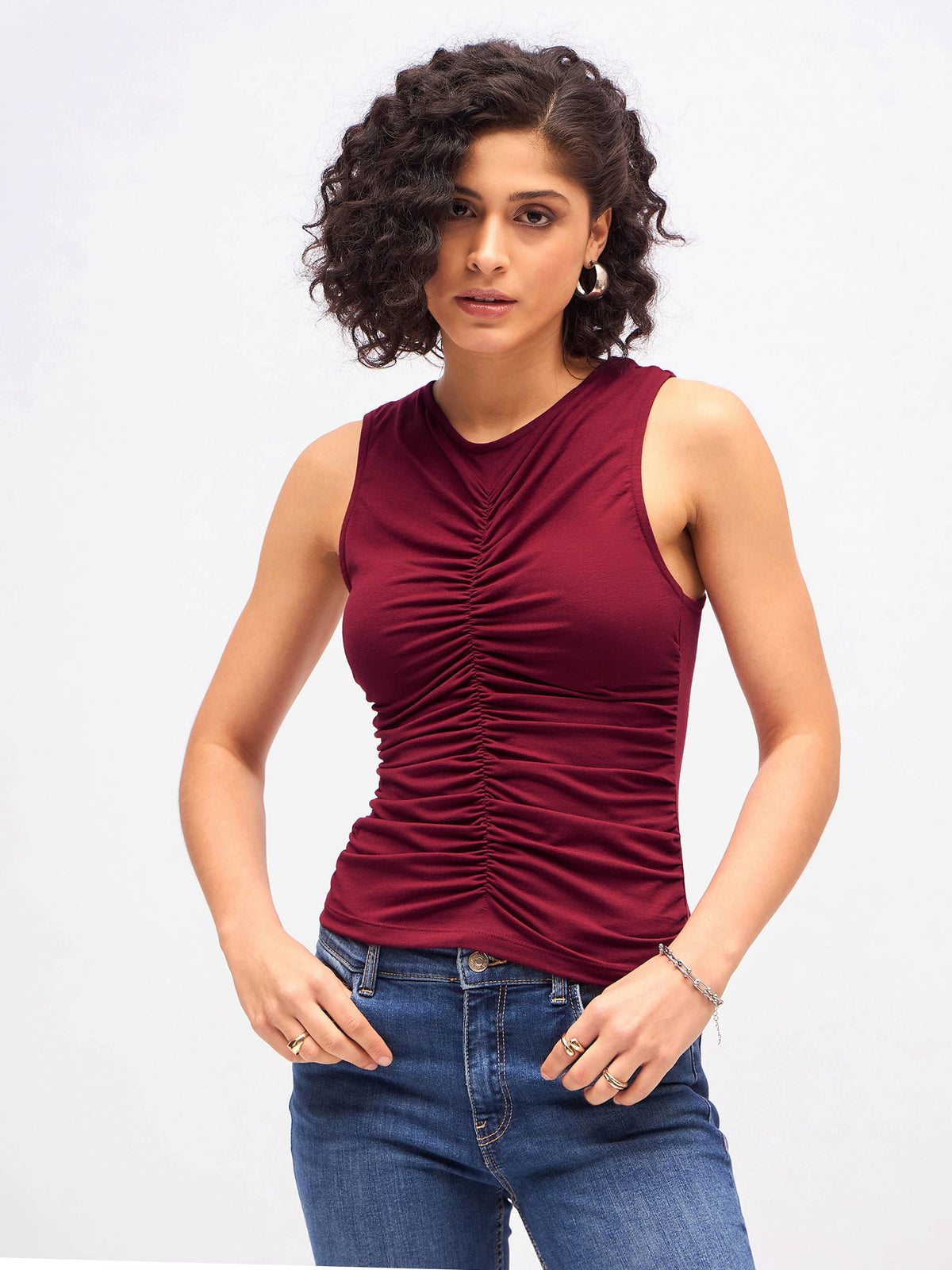 Maroon Box Back Front Ruched Top-SASSAFRAS